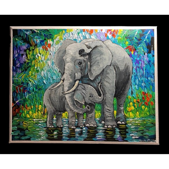 Cherish the Bond: Original Mother and Baby Elephant Acrylic Painting! - Picture 1 of 1